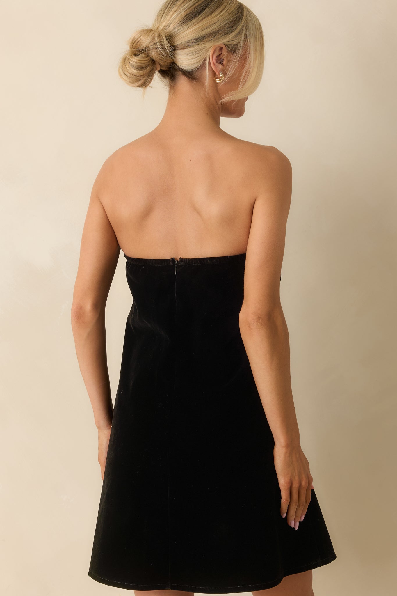 Tie It Together Black Velvet Draped Tie Panel Strapless Mini Dress