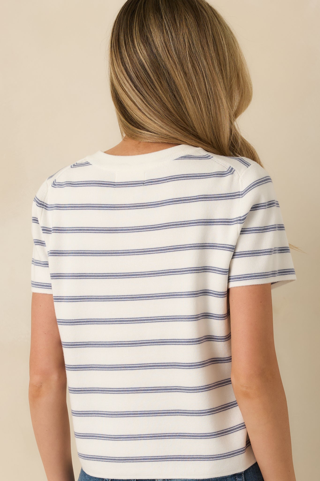 Casual Authority Navy Stripe Knit Button Front Short Sleeve Top