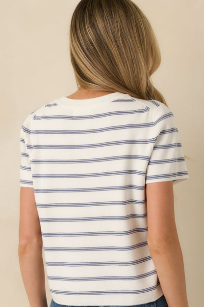 Casual Authority Navy Stripe Knit Button Front Short Sleeve Top