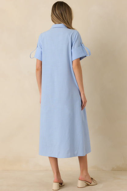 Show Me the Way Light Blue Cotton Button Front Midi Shirt Dress