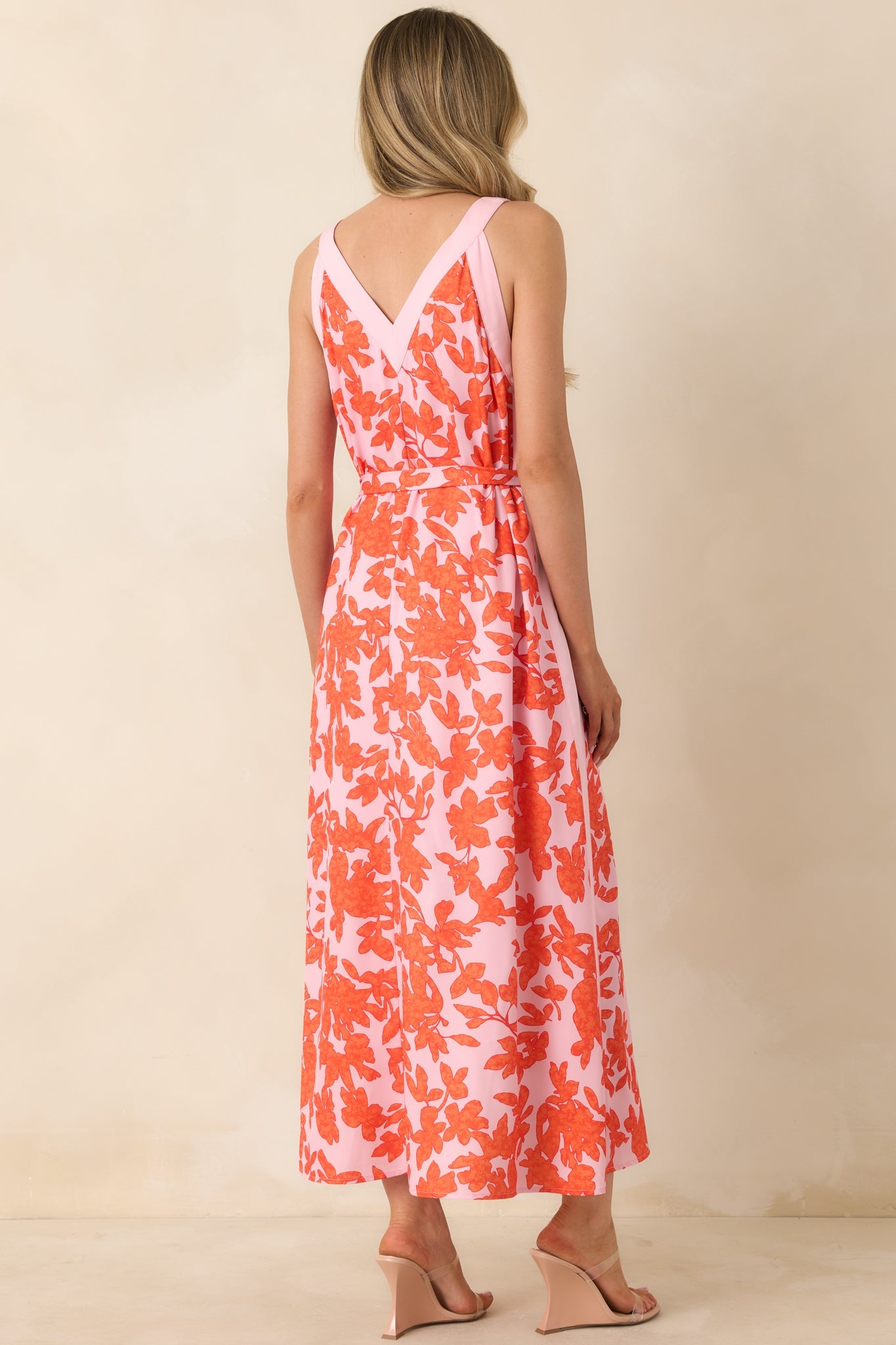 Living For It Orange & Light Pink Floral V-Neck Tie Belt Dress