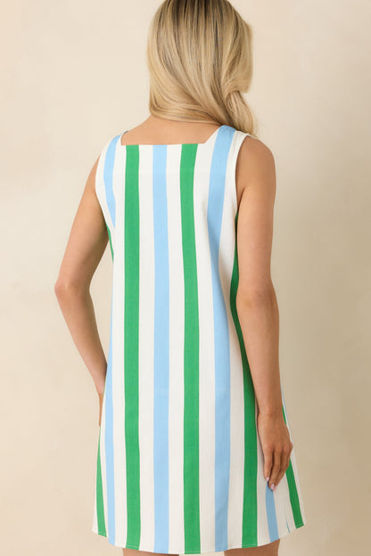 Out the Door Green & Light Blue Stripe Cotton Sleeveless Mini Dress