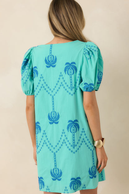 Coastal Rhythm Teal Palm Embroidered Cotton Puff Sleeve Mini Dress