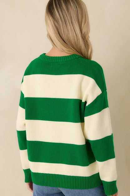 Courtside Classic Kelly Green Stripe Cotton Knit Tennis Sweater