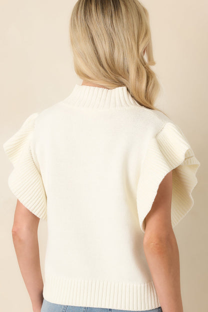Watch Her Work Ivory Knit Flutter Sleeve Top