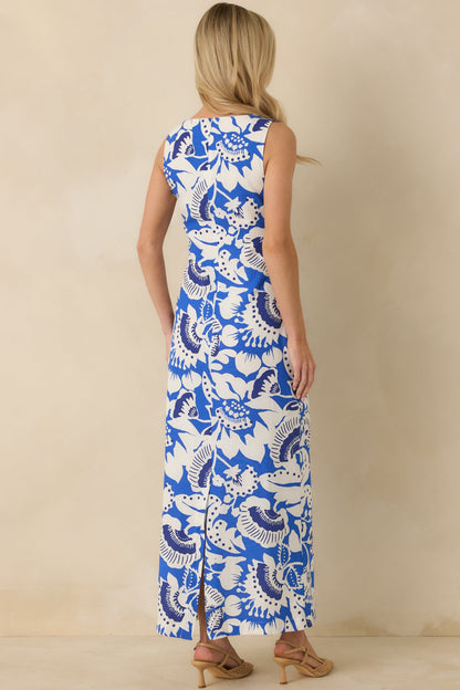 Along the Coast Blue & White Floral Pattern Linen Blend Sleeveless Maxi Dress