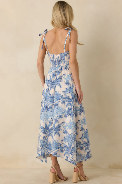 Santorini Sketch Blue Palm Print Tie Strap Maxi Dress