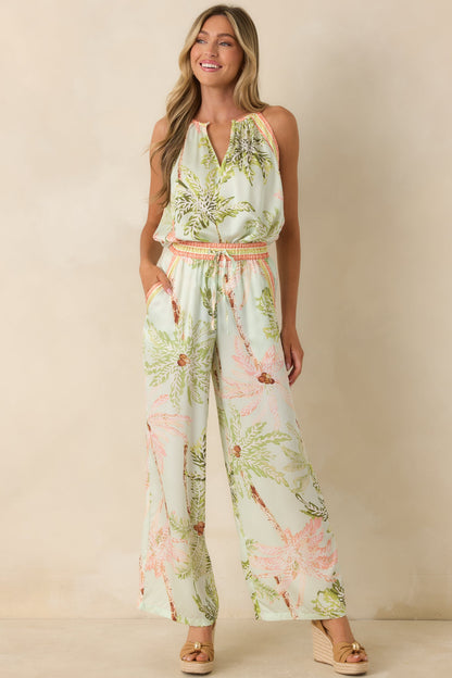 Palm Breeze Seafoam Green Multi Palm Print Sleeveless Top