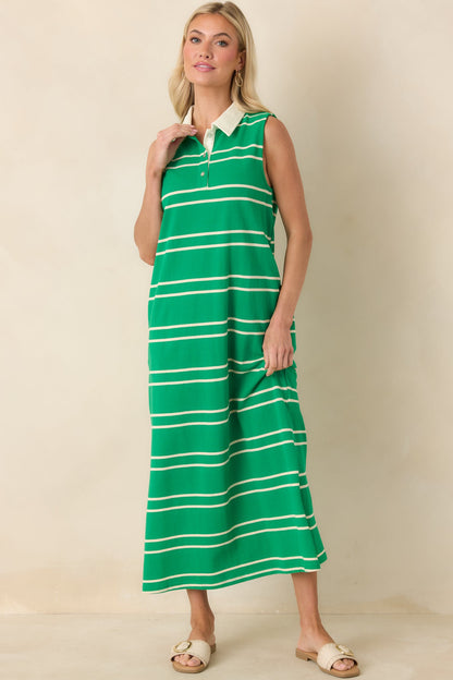 Polished Play Green Stripe Cotton Sleeveless Maxi Dress