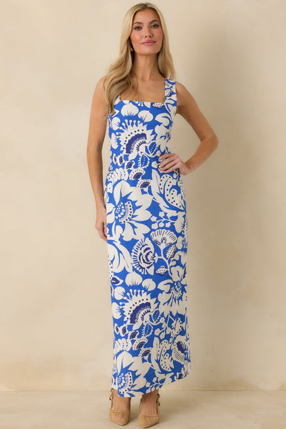 Along the Coast Blue & White Floral Pattern Linen Blend Sleeveless Maxi Dress