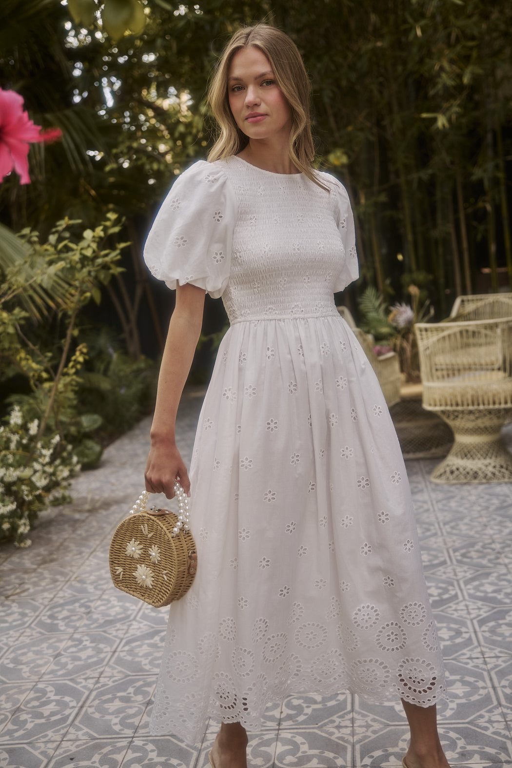 Deana Eyelet Smocked Midi Dress