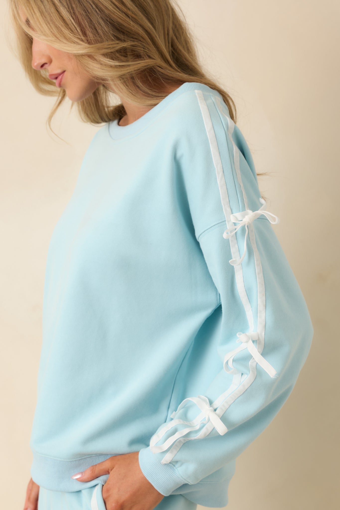 Fit To Be Tied Aqua Blue Tie Detail Wide Scoop Neck Sweatshirt