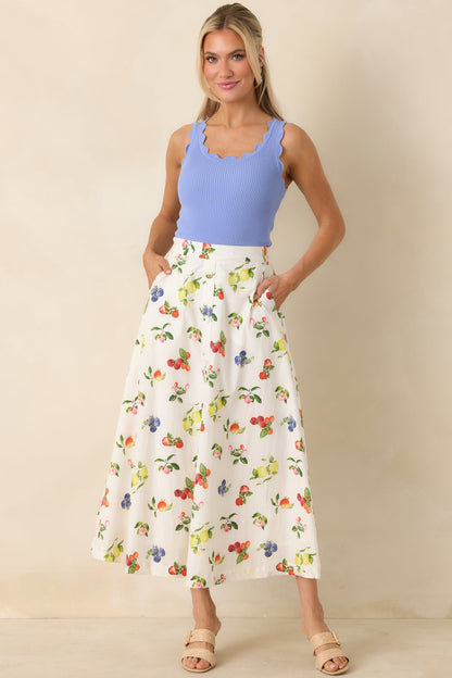 Pick of the Season White Multi Cotton Fruit Print Midi Skirt