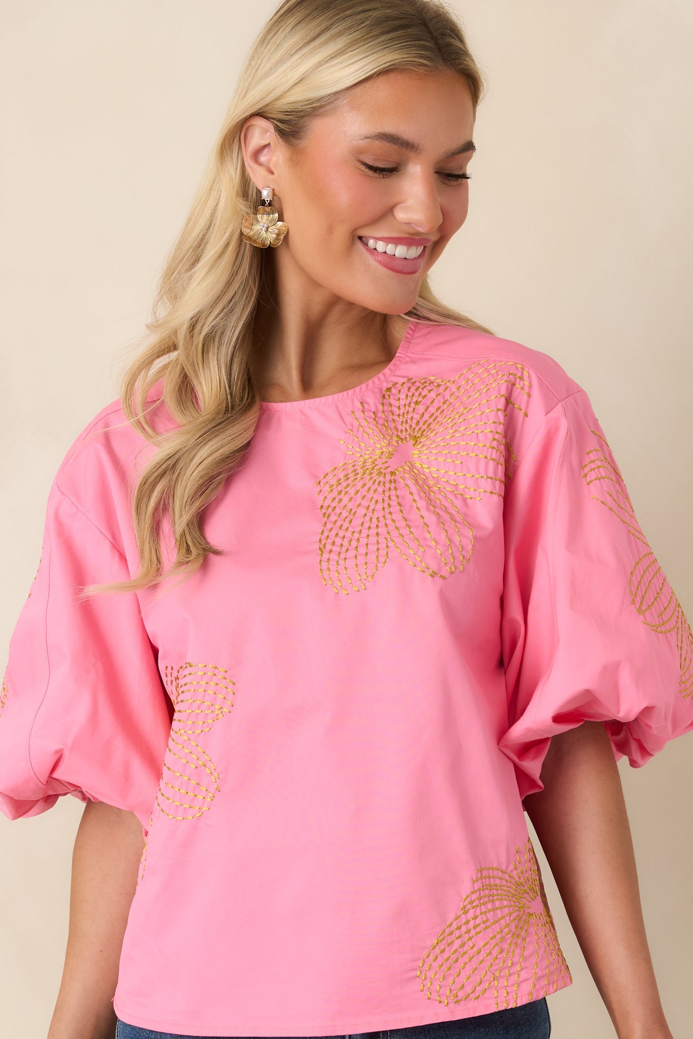 Pop of Play Pink Contrast Embroidered Cotton Top