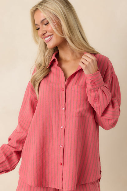 Z Supply The Perfect Coral Pink Stripe Button Up Top