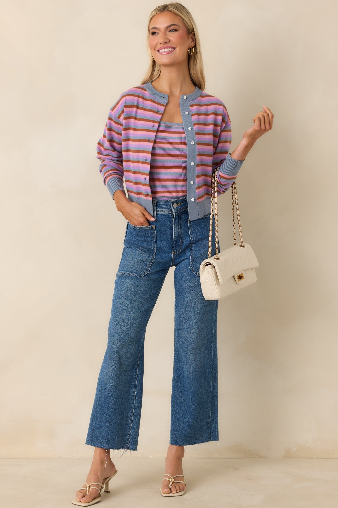 FRNCH Adria Light Blue Multi Stripe Cardigan