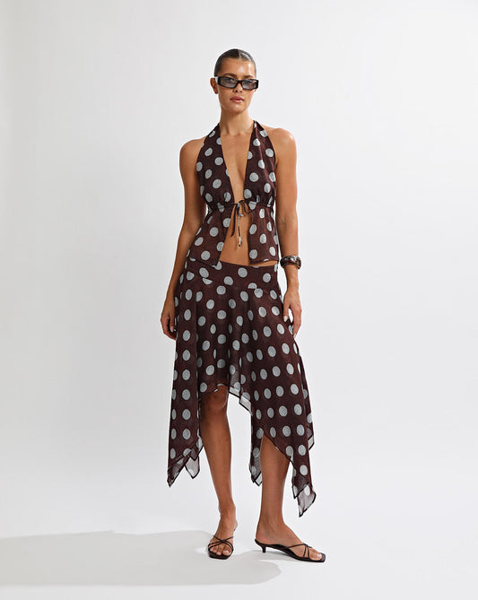 Suri Midi Skirt Brown/Blue Polka