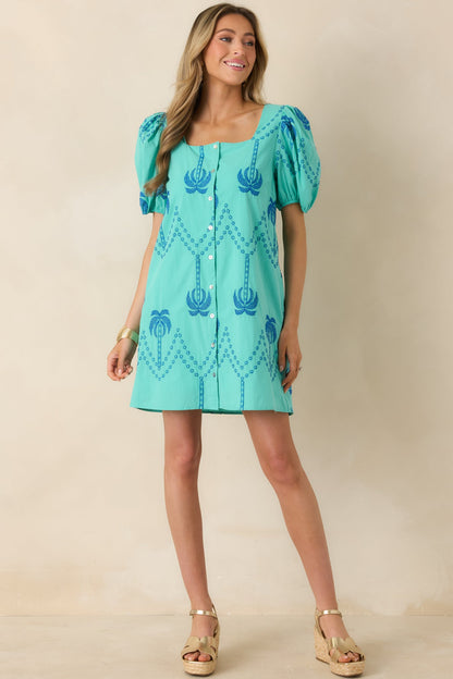Coastal Rhythm Teal Palm Embroidered Cotton Puff Sleeve Mini Dress