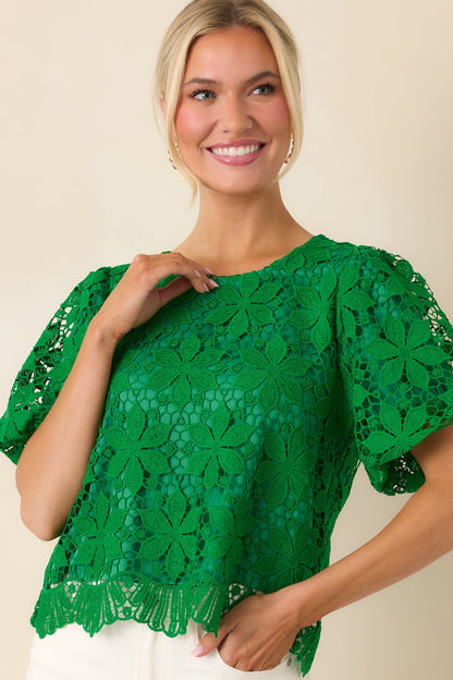 All the Attention Green Floral Lace Short Sleeve Top