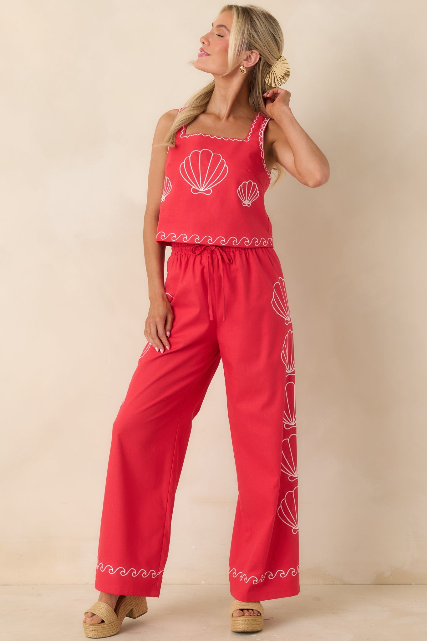 Sea You Soon Red Cotton Blend Shell Embroidered Wide Leg Pants