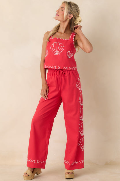 Sea You Soon Red Cotton Blend Shell Embroidered Wide Leg Pants