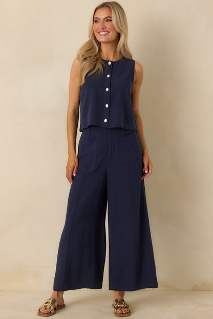 The Right Balance Navy Linen-Blend Sleeveless Button Up Top