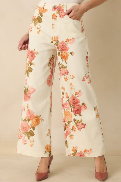 Grace in Motion Pink Floral Print Cotton Wide Leg Pants