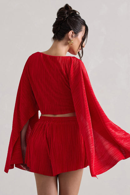 Flare | Red Plisse Cape Sleeve Crop Top