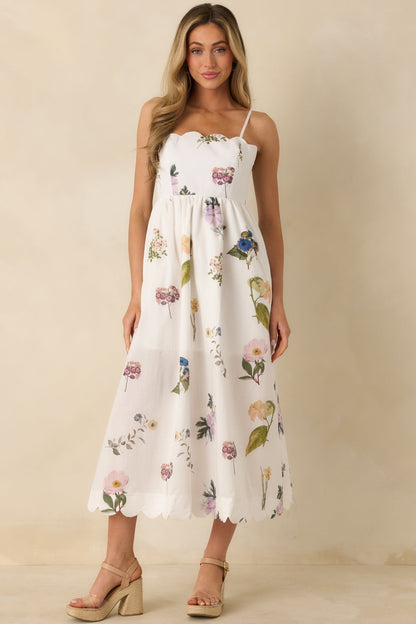 Promise in Bloom White Multi Floral Cotton Tie-Back Scalloped Midi Dress