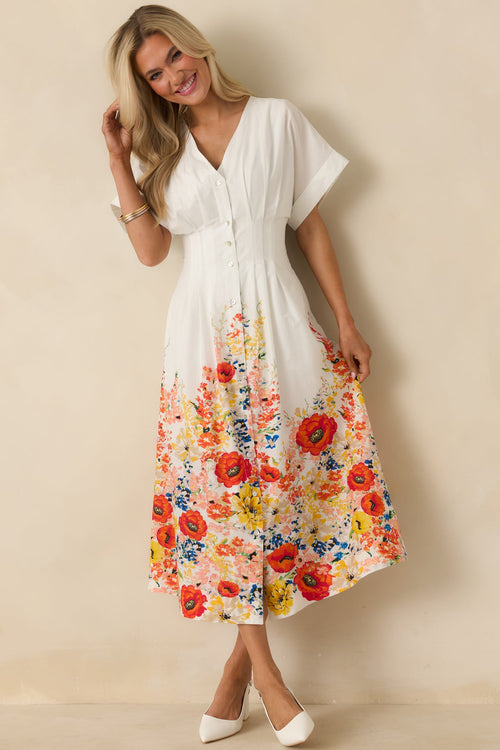 What Comes Next White Multi Cotton Floral Midi Dress