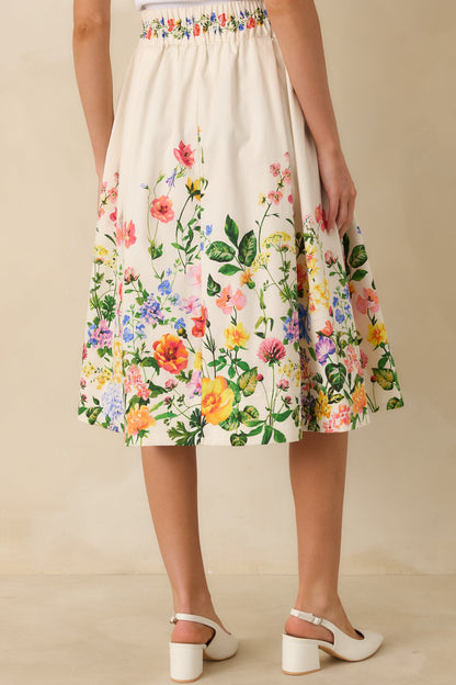 A Beautiful Arrangement Ivory Multi Floral Cotton Midi Skirt