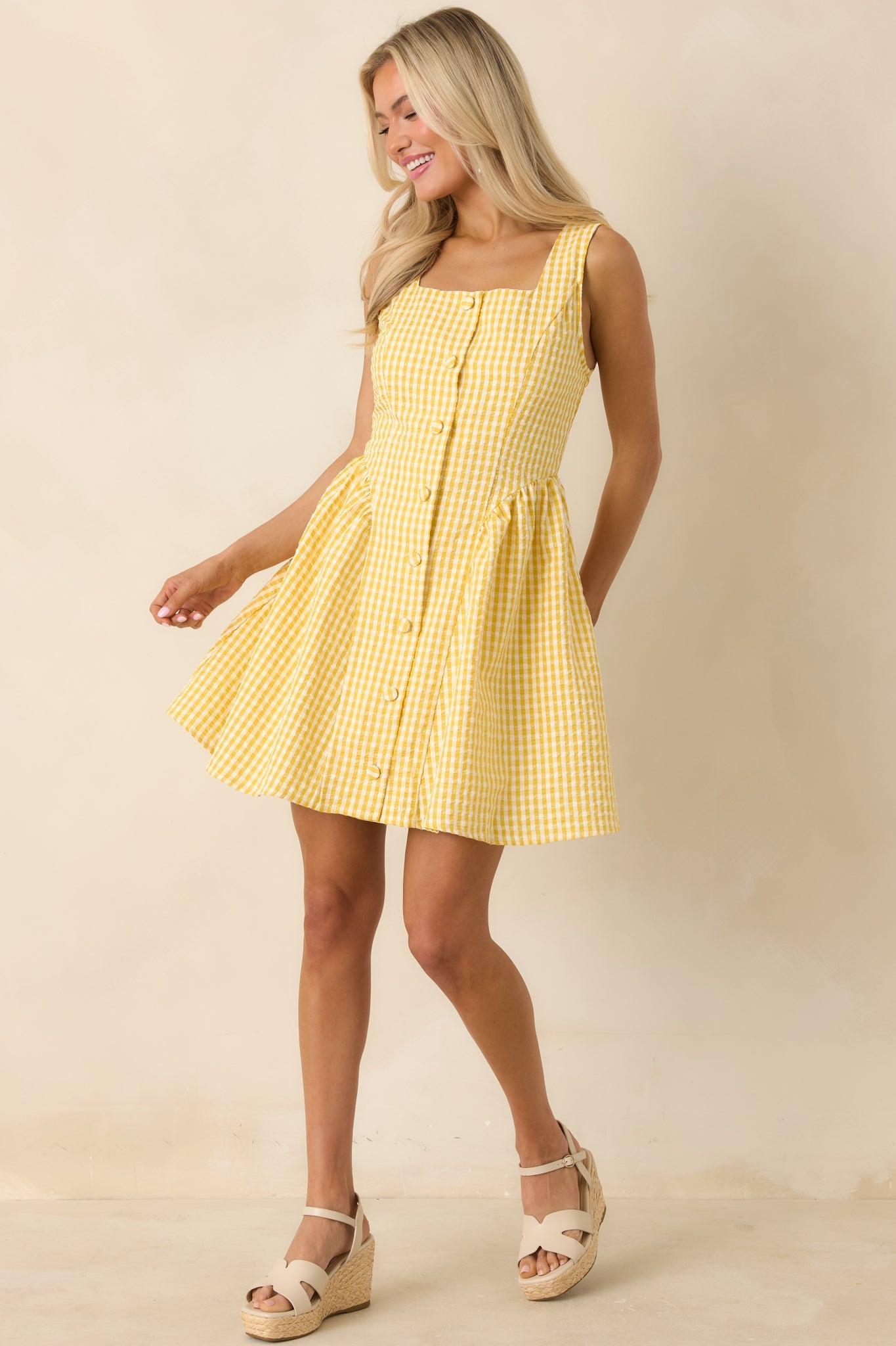 Caught in the Sunshine Yellow Gingham Sleeveless Mini Dress