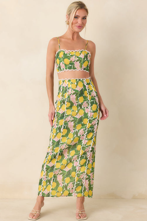 Sweetest in the Grove Yellow Multi Lemon Blossom Crop Top