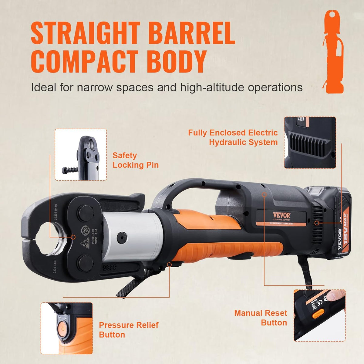 VEVOR electric pipe press tool showing its straight barrel, hydraulic system, locking pin, pressure relief button and handle