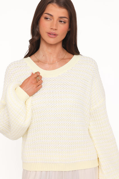 Becca Crewneck Waffle Stitch Stripe Knit Sweater - Butter Yellow