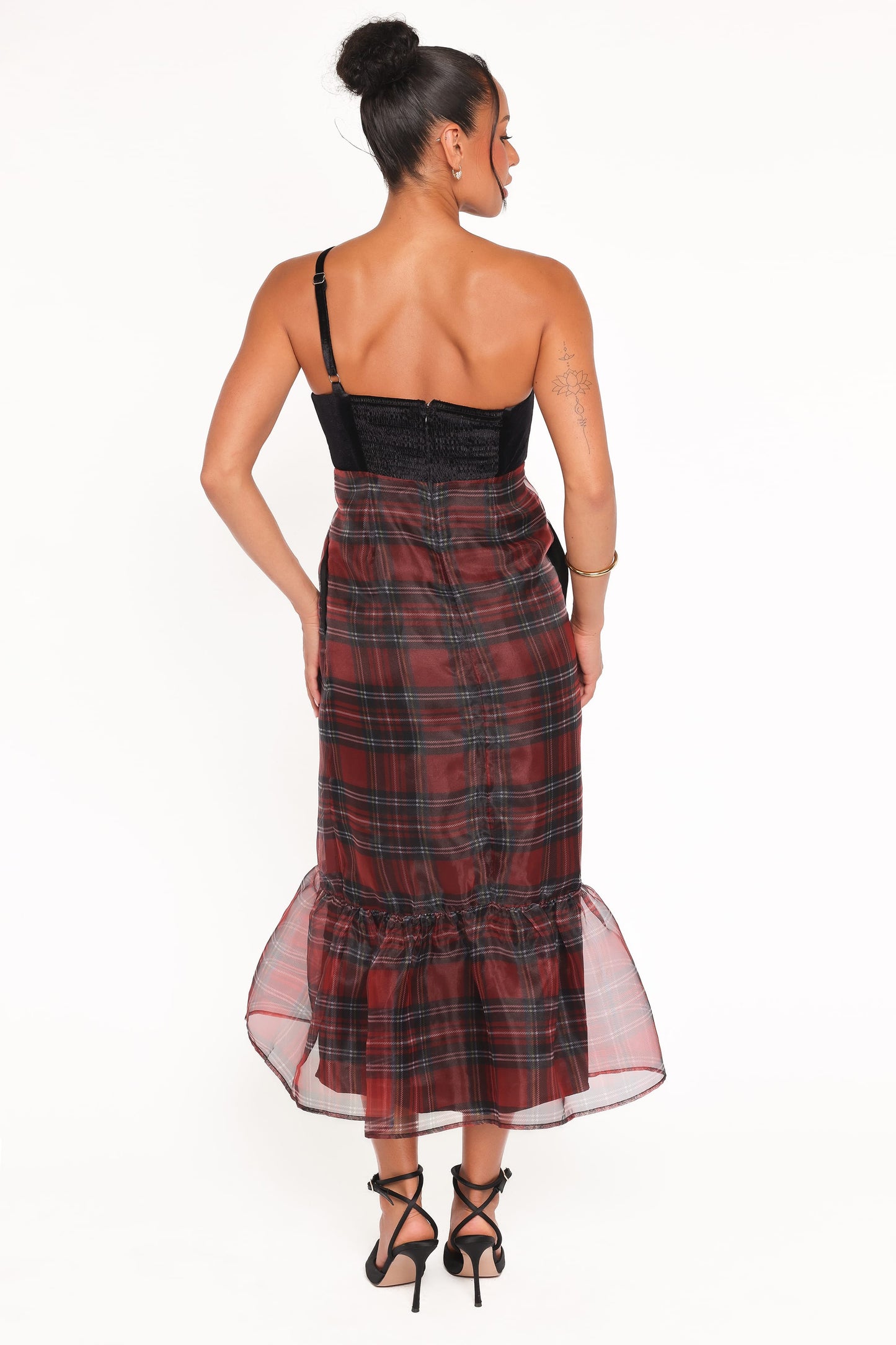 Amelie Bow Front One Shoulder Midi Dress - Red Plaid