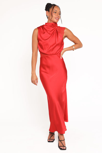 Anabelle Halter Neck Lace Maxi Dress - Red